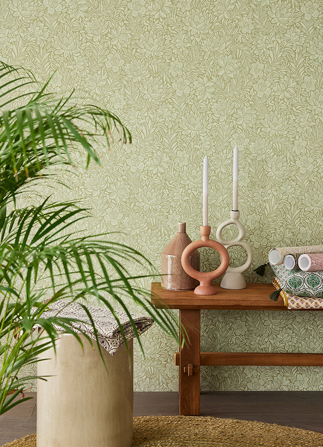 Zahara Olive Floral Wallpaper - Brewster Wallcovering