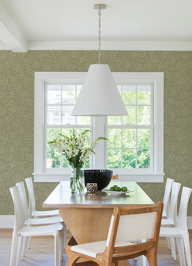 Zahara Olive Floral Wallpaper - Brewster Wallcovering