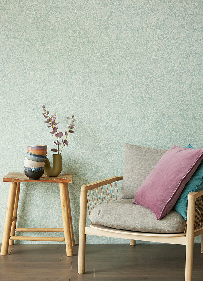 Zahara Seafoam Floral Wallpaper - Brewster Wallcovering