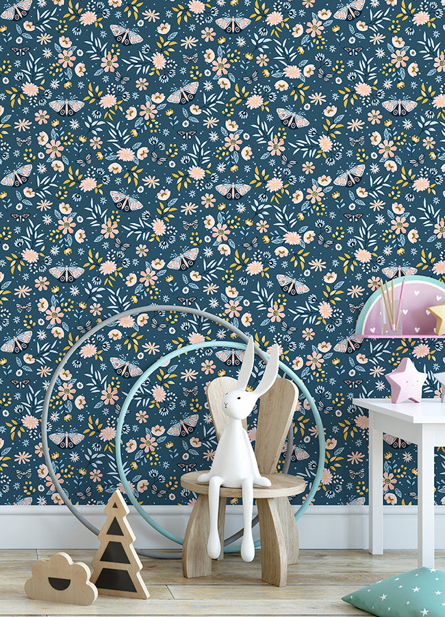 Zev Blue Butterfly Wallpaper - Brewster Wallcovering