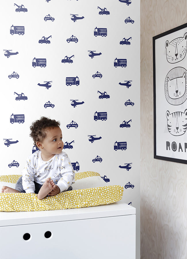 Briony Navy Vehicles Wallpaper - Brewster Wallcovering