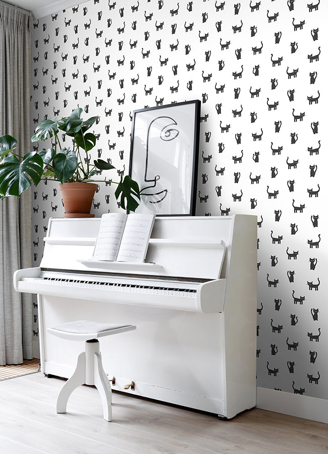 Delia Black Kitty Wallpaper - Brewster Wallcovering