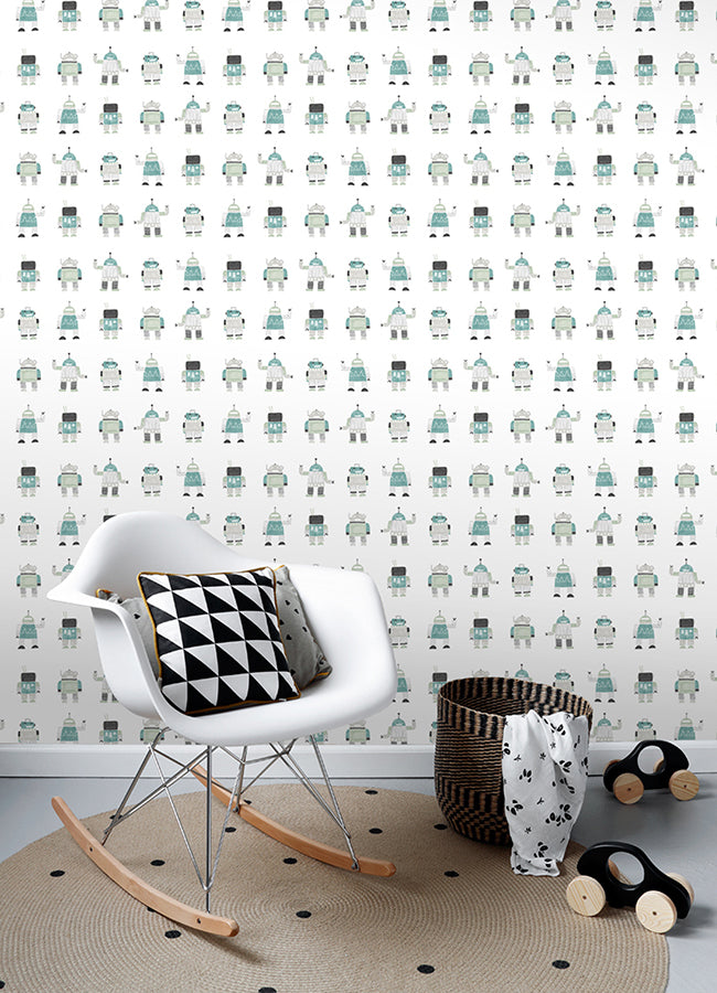 Callum Teal Robots Wallpaper  | Brewster Wallcovering