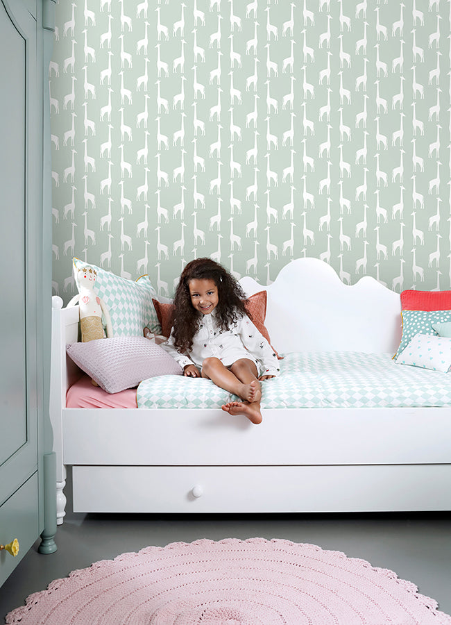 Vivi Sage Giraffe Wallpaper - Brewster Wallcovering