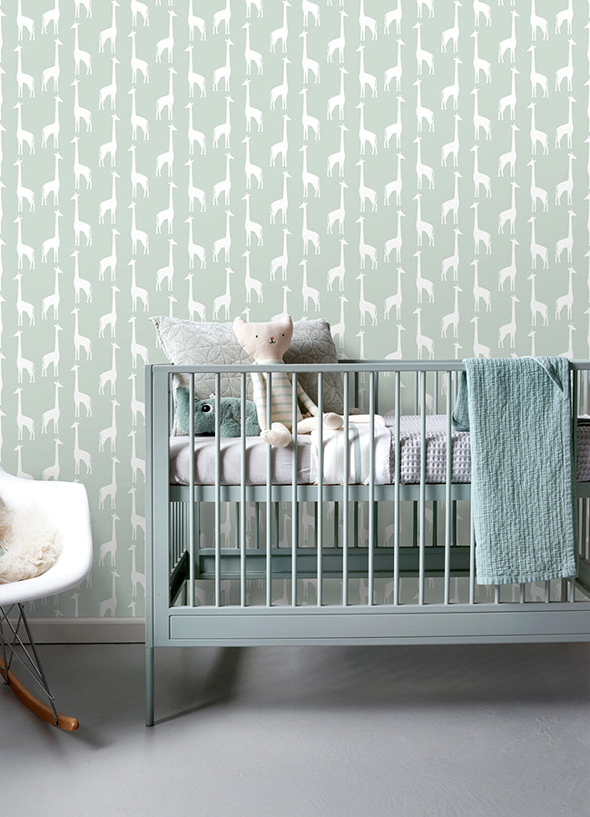 Vivi Sage Giraffe Wallpaper - Brewster Wallcovering