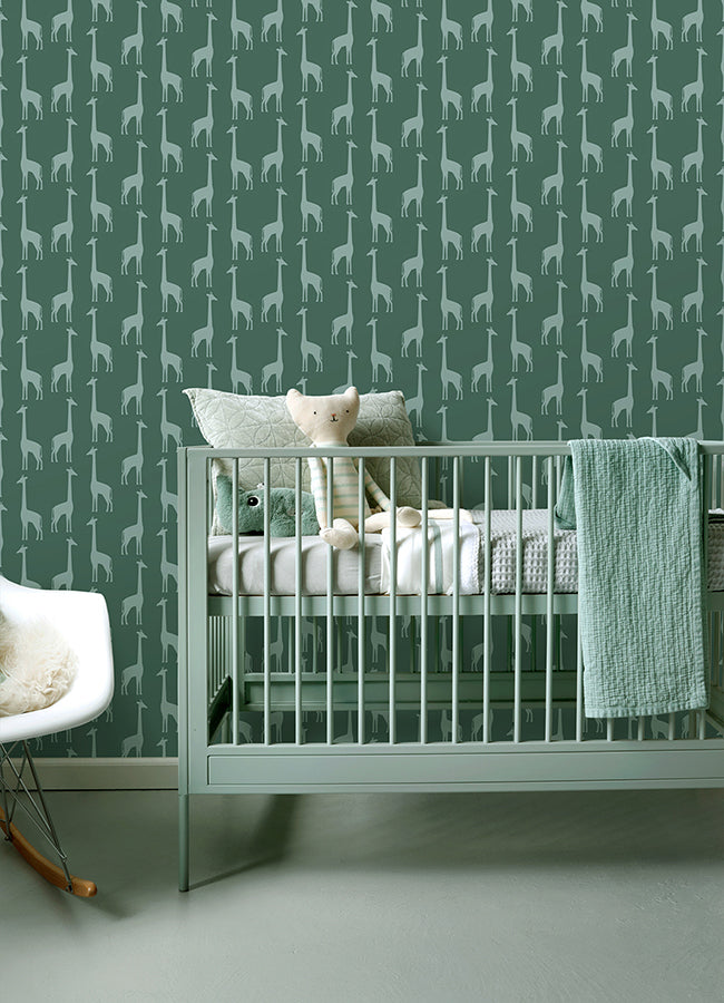 Vivi Teal Giraffe Wallpaper - Brewster Wallcovering