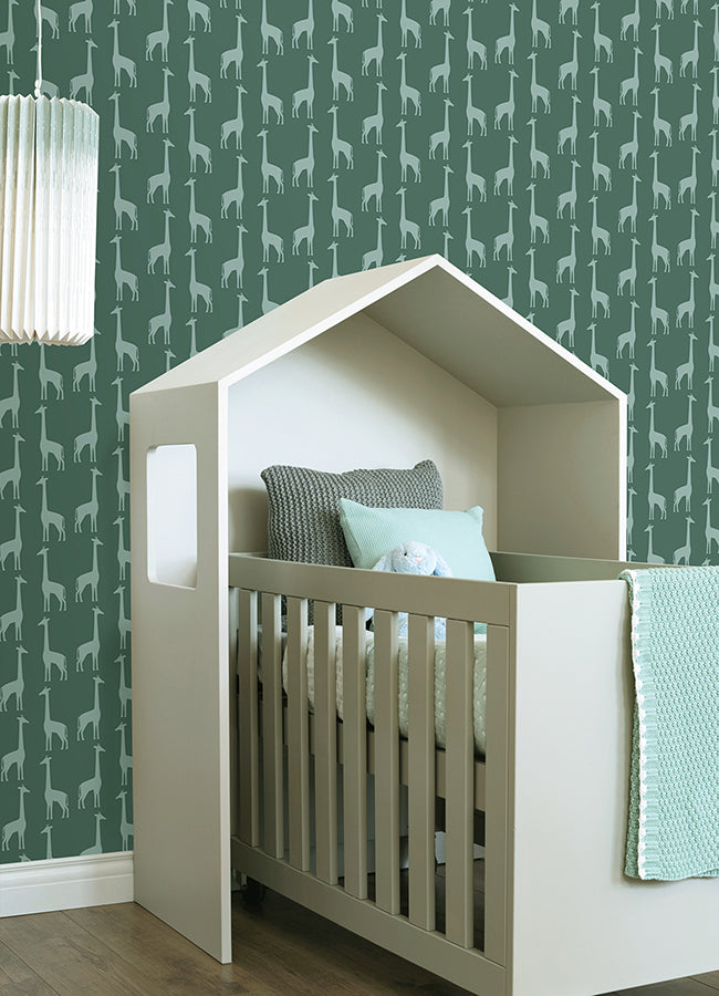 Vivi Teal Giraffe Wallpaper - Brewster Wallcovering