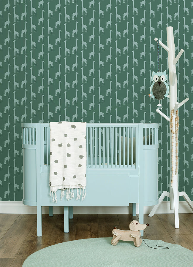 Vivi Teal Giraffe Wallpaper - Brewster Wallcovering