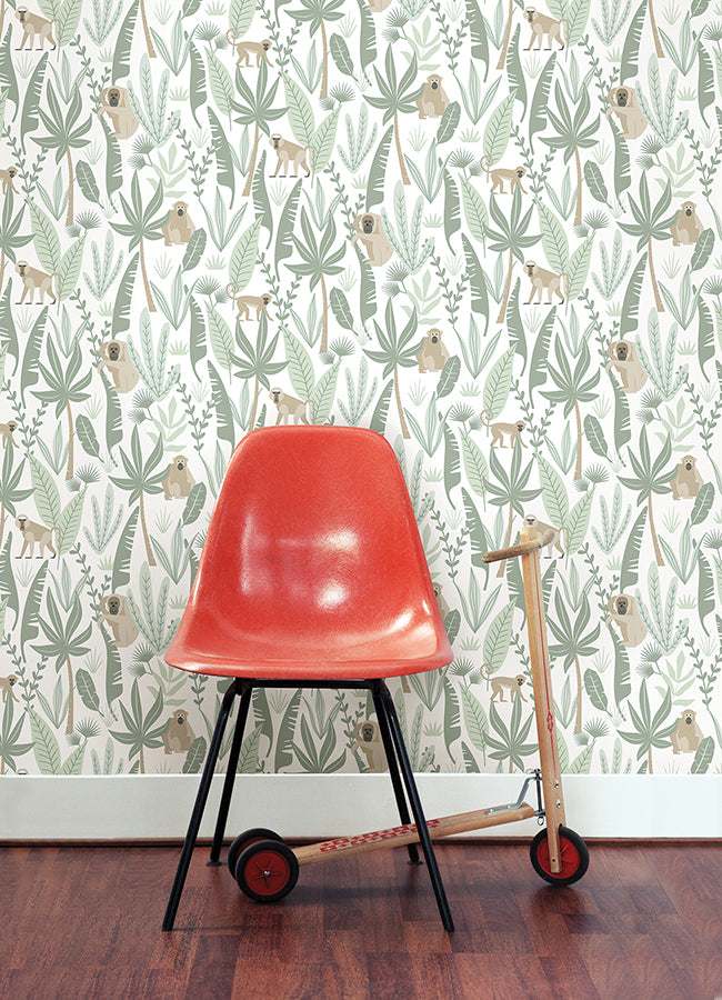 Kiki Light Green Monkeys Wallpaper - Brewster Wallcovering