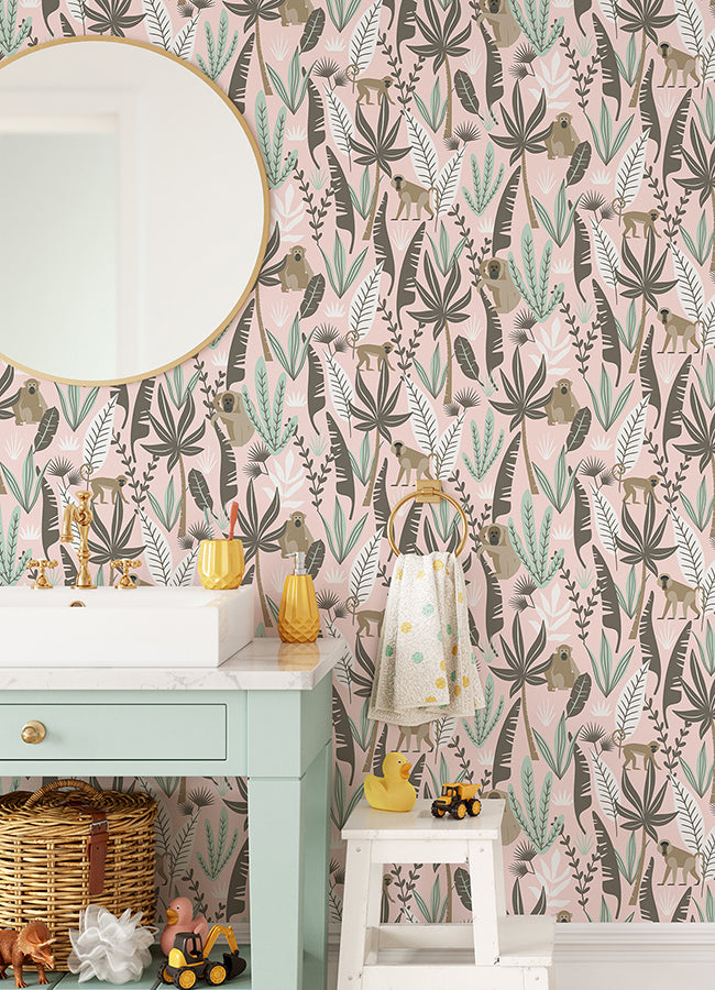 Kiki Pink Monkeys Wallpaper - Brewster Wallcovering