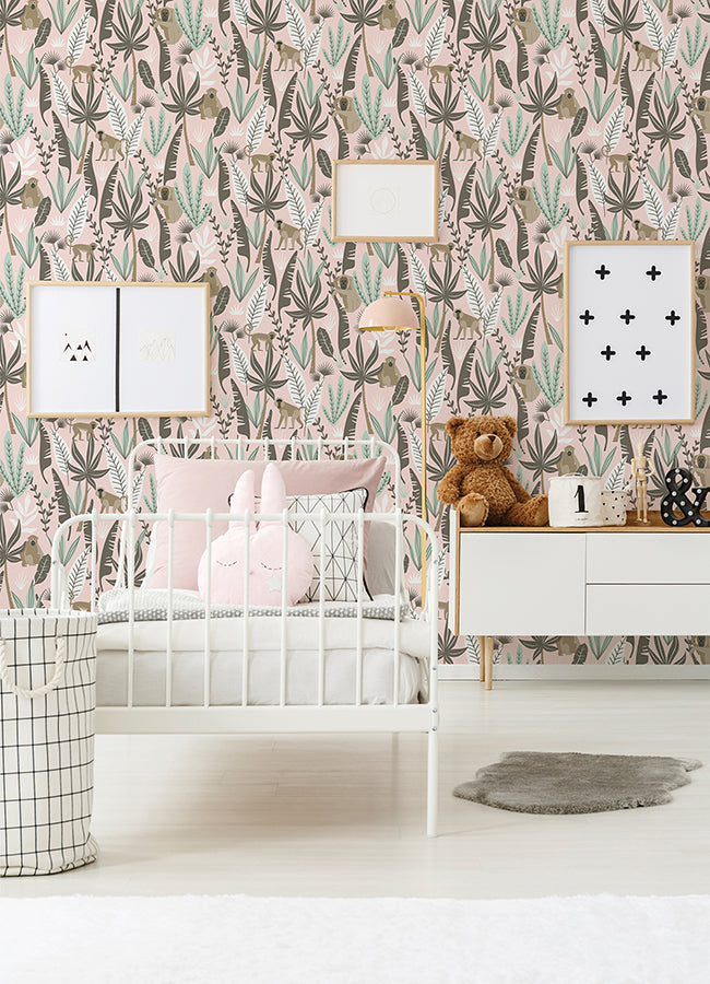 Kiki Pink Monkeys Wallpaper - Brewster Wallcovering