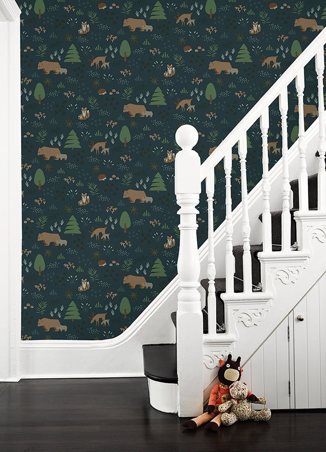 Finola Dark Blue Bears Wallpaper  | Brewster Wallcovering