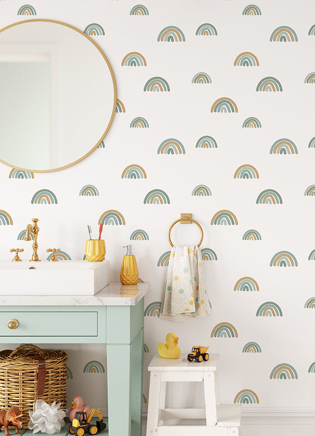 Joss Teal Rainbow Wallpaper - Brewster Wallcovering