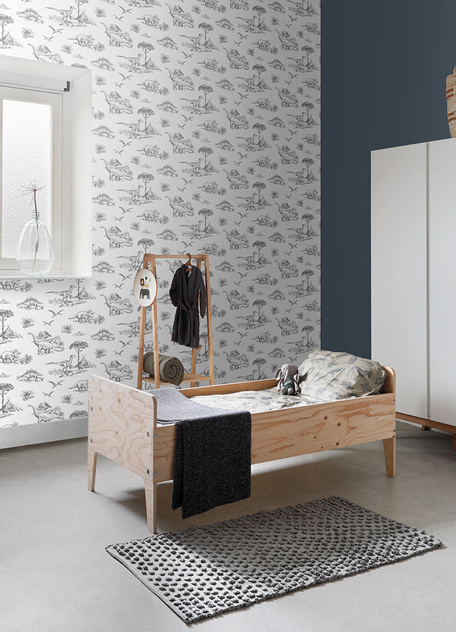 Isolde Charcoal Dinosaurs Wallpaper  | Brewster Wallcovering