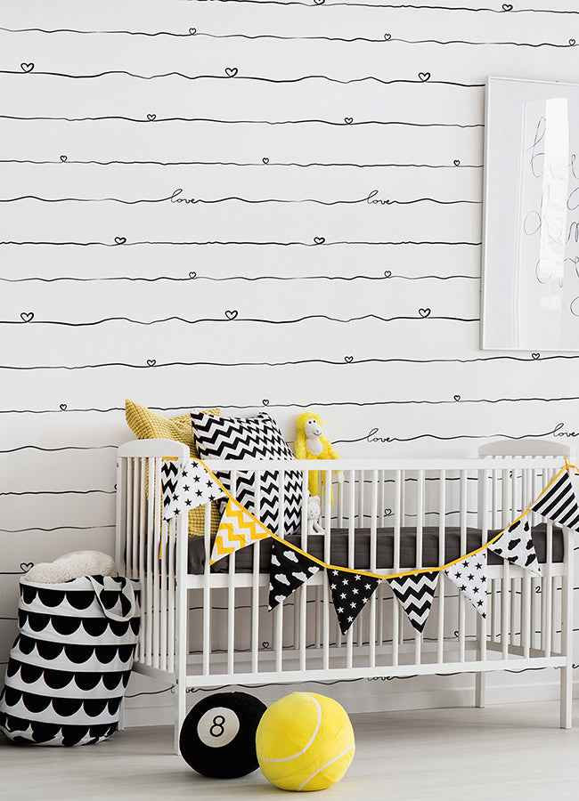 Love & Hearts Black Script Wallpaper - York Wallcoverings - 4060-381403 - York Wallcoverings Wallpaper