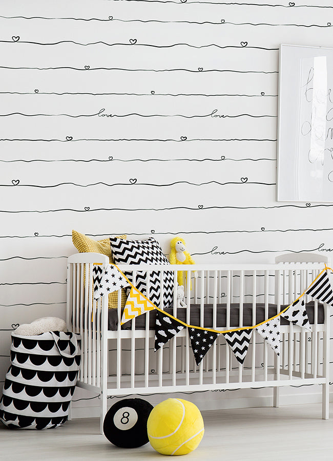 Love & Hearts Black Script Wallpaper - Brewster Wallcovering