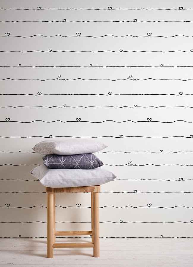 Love & Hearts Black Script Wallpaper - York Wallcoverings - 4060-381403 - York Wallcoverings Wallpaper