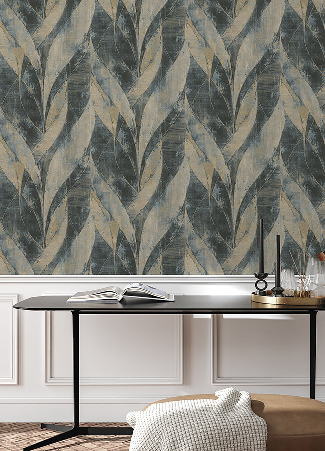 Blake Denim Leaf Wallpaper - Brewster Wallcovering