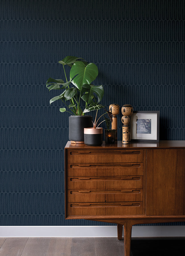 Lars Navy Retro Wave Wallpaper  | Brewster Wallcovering - The WorkRm