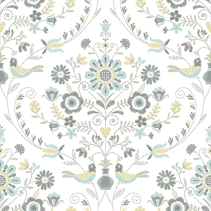 Picture of Britt Sea Green Embroidered Damask Wallpaper