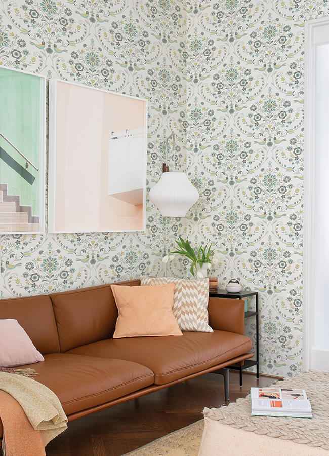 Britt Sea Green Embroidered Damask Wallpaper - York Wallcoverings - 4066-26510 - York Wallcoverings Wallpaper