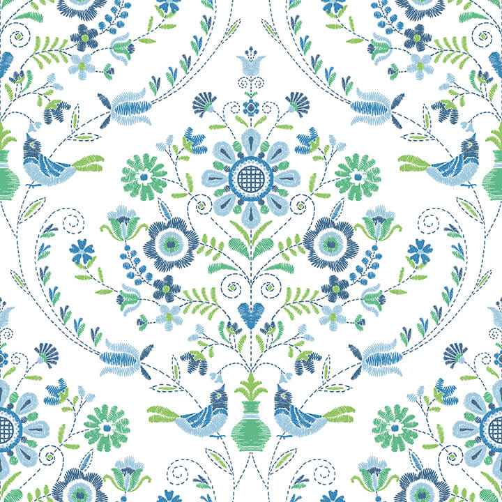 Britt Sapphire Embroidered Damask Wallpaper - York Wallcoverings - 4066-26511 - York Wallcoverings Wallpaper