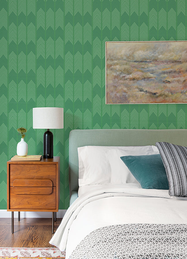 Nyle Green Chevron Stripes Wallpaper - Brewster Wallcovering