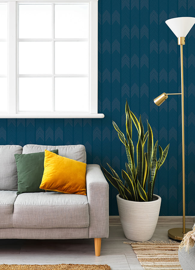 Nyle Dark Blue Chevron Stripes Wallpaper  | Brewster Wallcovering - The WorkRm