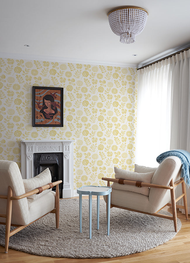 Inge Yellow Floral Block Print Wallpaper - Brewster Wallcovering