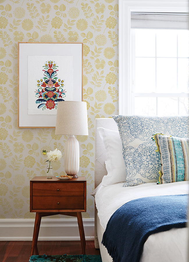 Inge Yellow Floral Block Print Wallpaper - Brewster Wallcovering