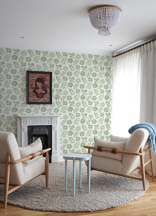 Inge Moss Floral Block Print Wallpaper - Brewster Wallcovering