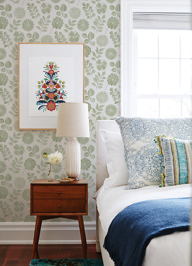 Inge Moss Floral Block Print Wallpaper - Brewster Wallcovering