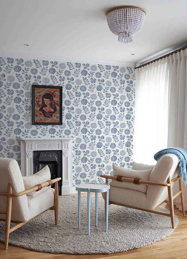 Inge Denim Floral Block Print Wallpaper - York Wallcoverings - 4066-26532 - York Wallcoverings Wallpaper