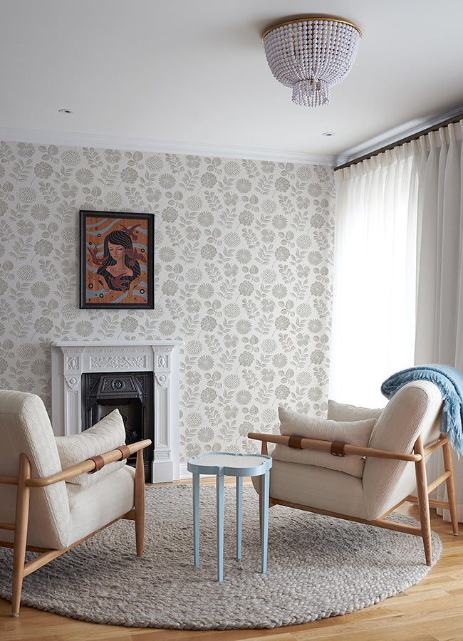 Inge Light Grey Floral Block Print Wallpaper - Brewster Wallcovering