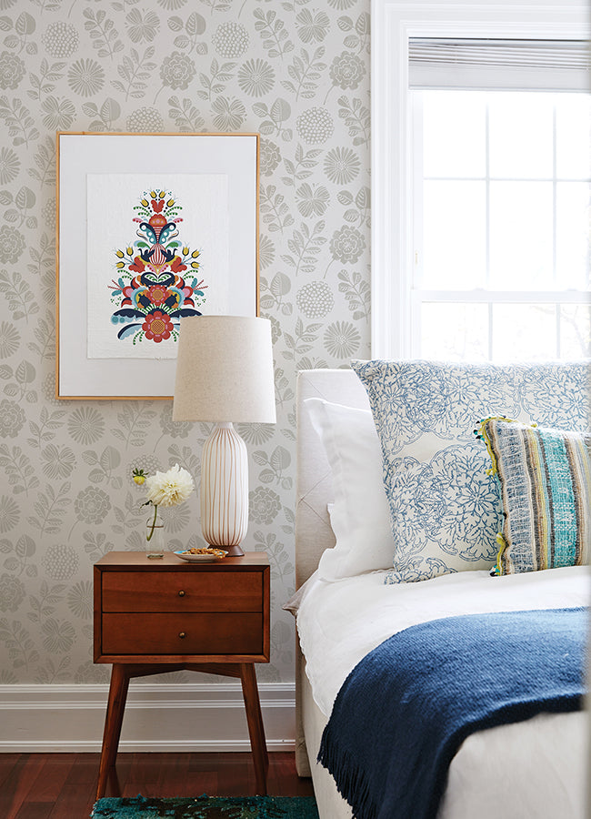 Inge Light Grey Floral Block Print Wallpaper  | Brewster Wallcovering