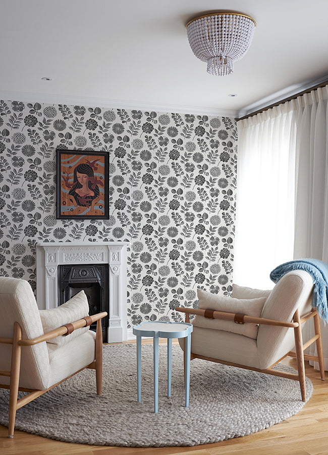 Inge Black Floral Block Print Wallpaper - Brewster Wallcovering