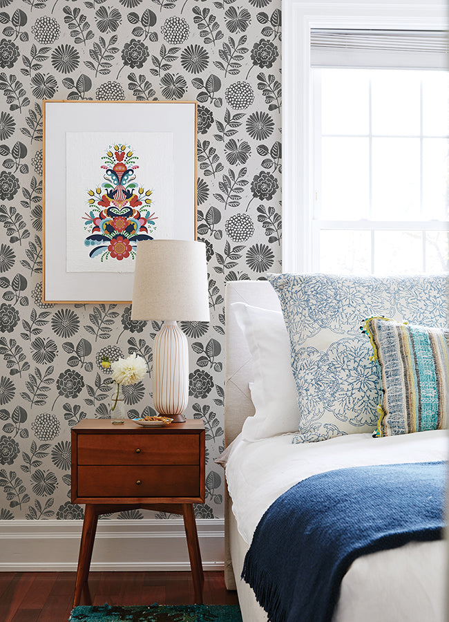 Inge Black Floral Block Print Wallpaper - Brewster Wallcovering