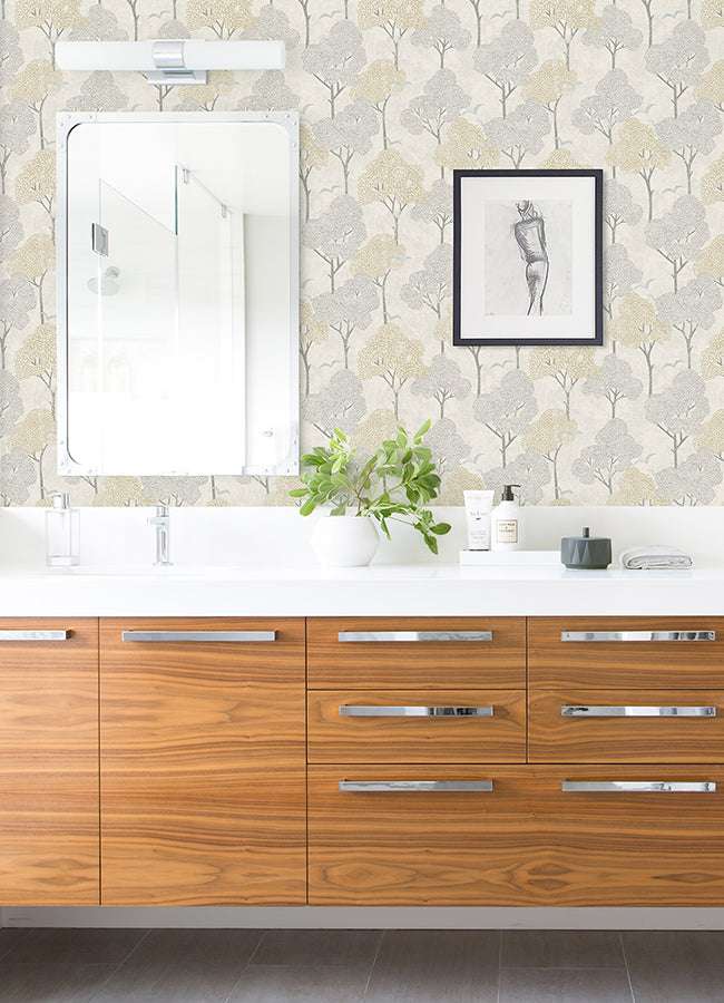 Lykke Neutral Textured Tree Wallpaper  | Brewster Wallcovering - The WorkRm