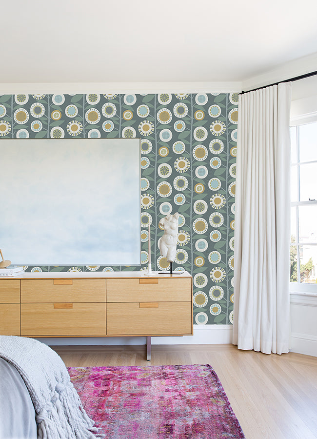 Sisu Grey Floral Geometric Wallpaper - Brewster Wallcovering