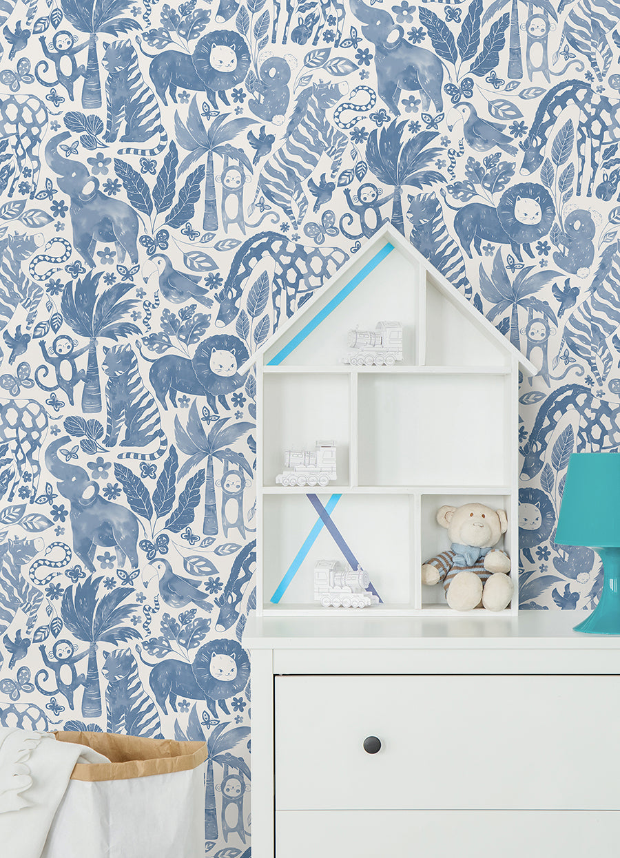 Sweet Safari Blue Peel and Stick Wallpaper - Brewster Wallcovering