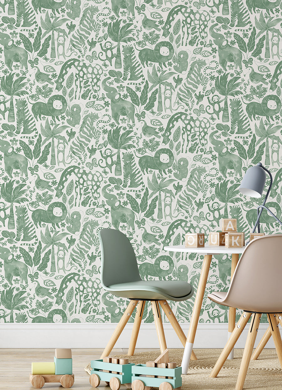 Sweet Safari Green Peel and Stick Wallpaper - Brewster Wallcovering