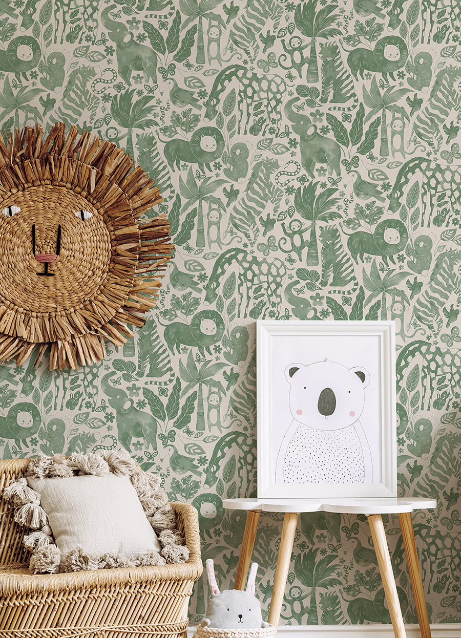 Sweet Safari Green Peel and Stick Wallpaper - Brewster Wallcovering