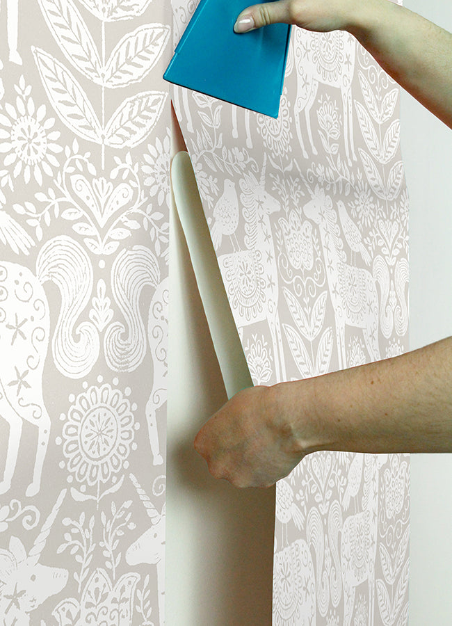 Unicorn Stamp Taupe Peel and Stick Wallpaper - Brewster Wallcovering