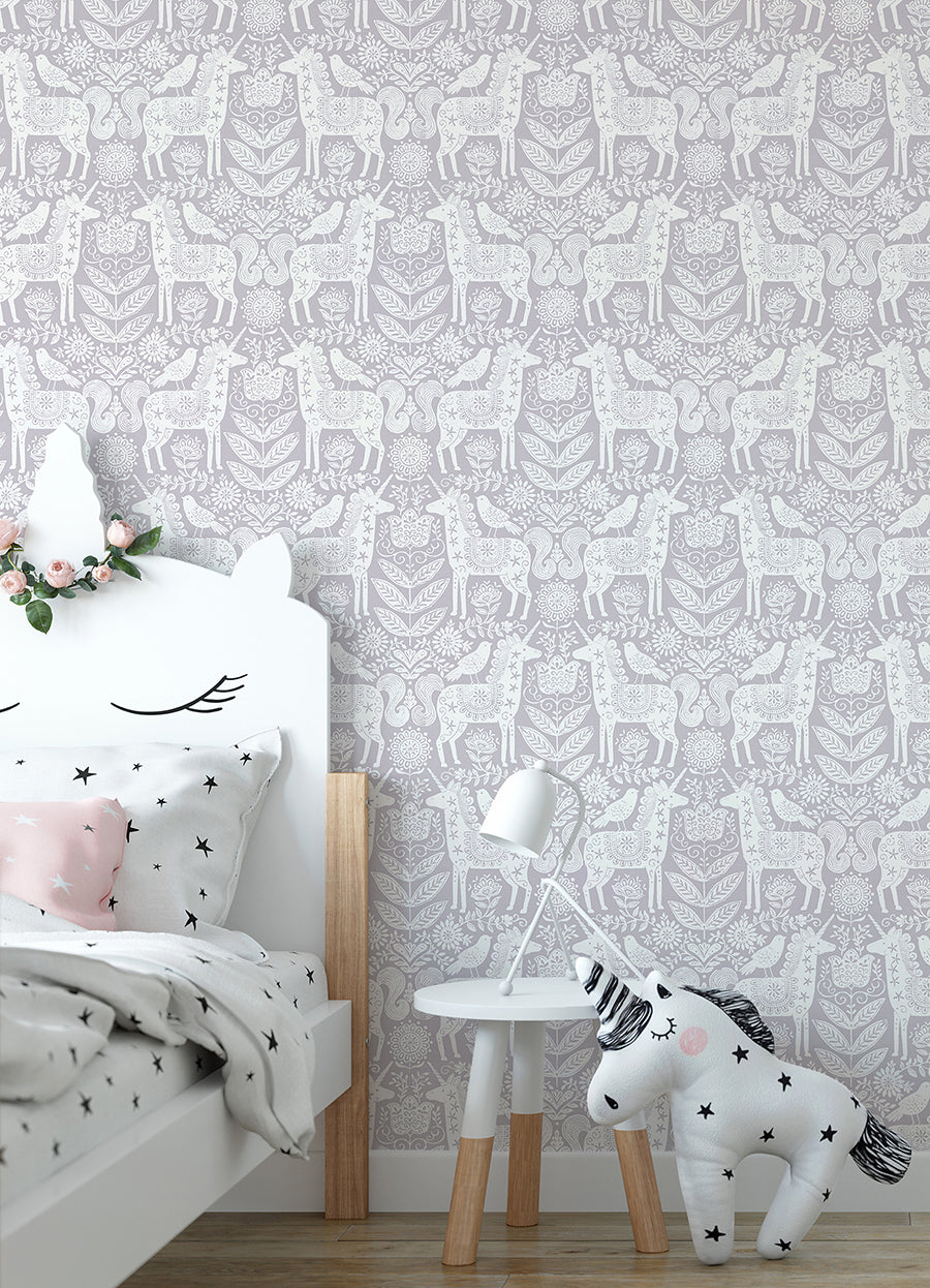 Unicorn Stamp Purple Peel and Stick Wallpaper - Brewster Wallcovering