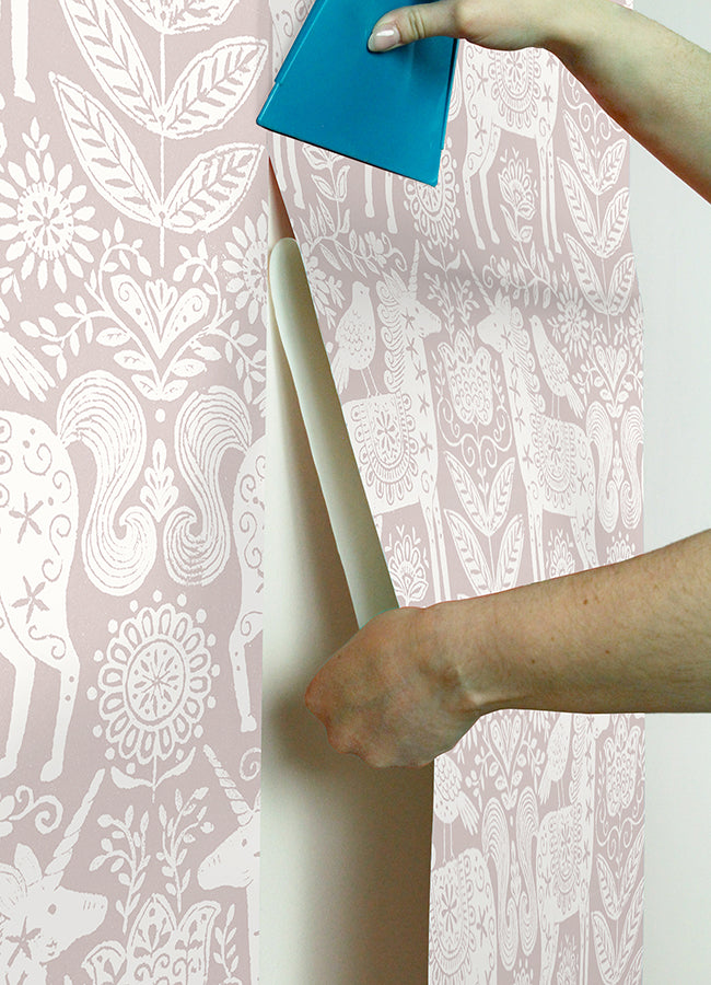 Unicorn Stamp Pink Peel and Stick Wallpaper  | Brewster Wallcovering