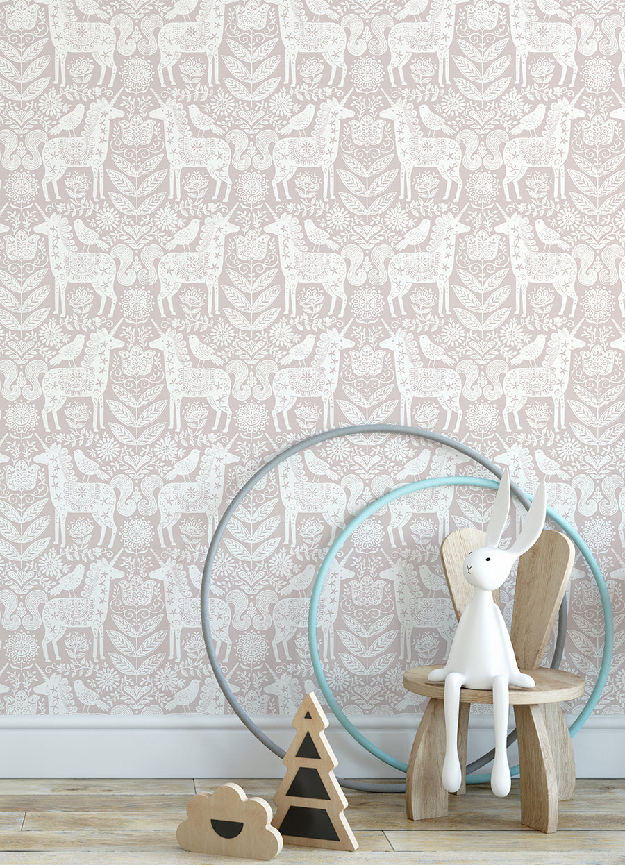 Unicorn Stamp Pink Peel and Stick Wallpaper  | Brewster Wallcovering