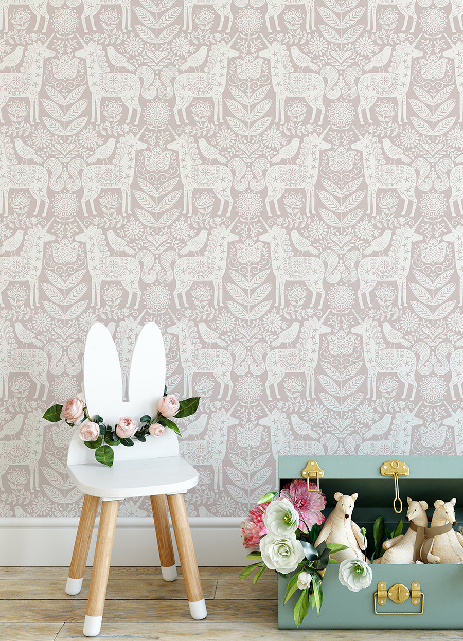 Unicorn Stamp Pink Peel and Stick Wallpaper - Brewster Wallcovering