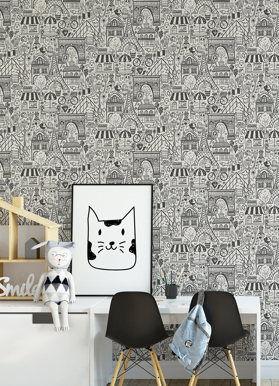 Oui Paris Charcoal Peel and Stick Wallpaper - Brewster Wallcovering