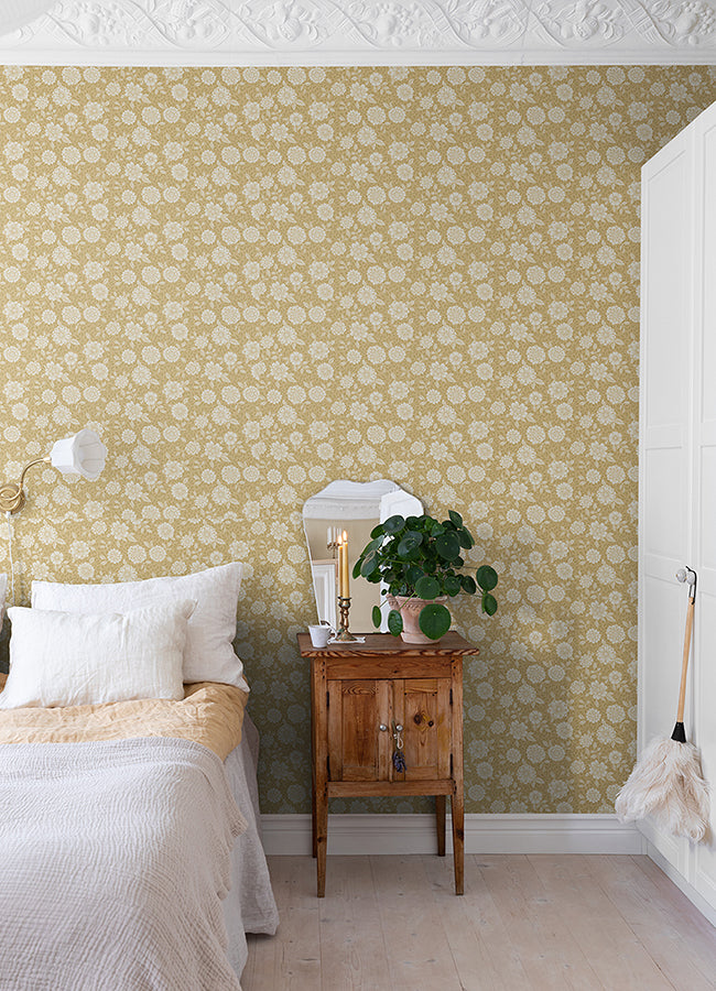 Lizette Mustard Charming Floral Wallpaper - Brewster Wallcovering