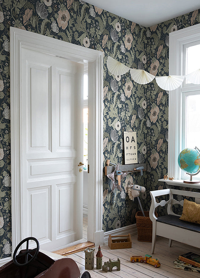 Anemone Navy Floral Wallpaper - Brewster Wallcovering